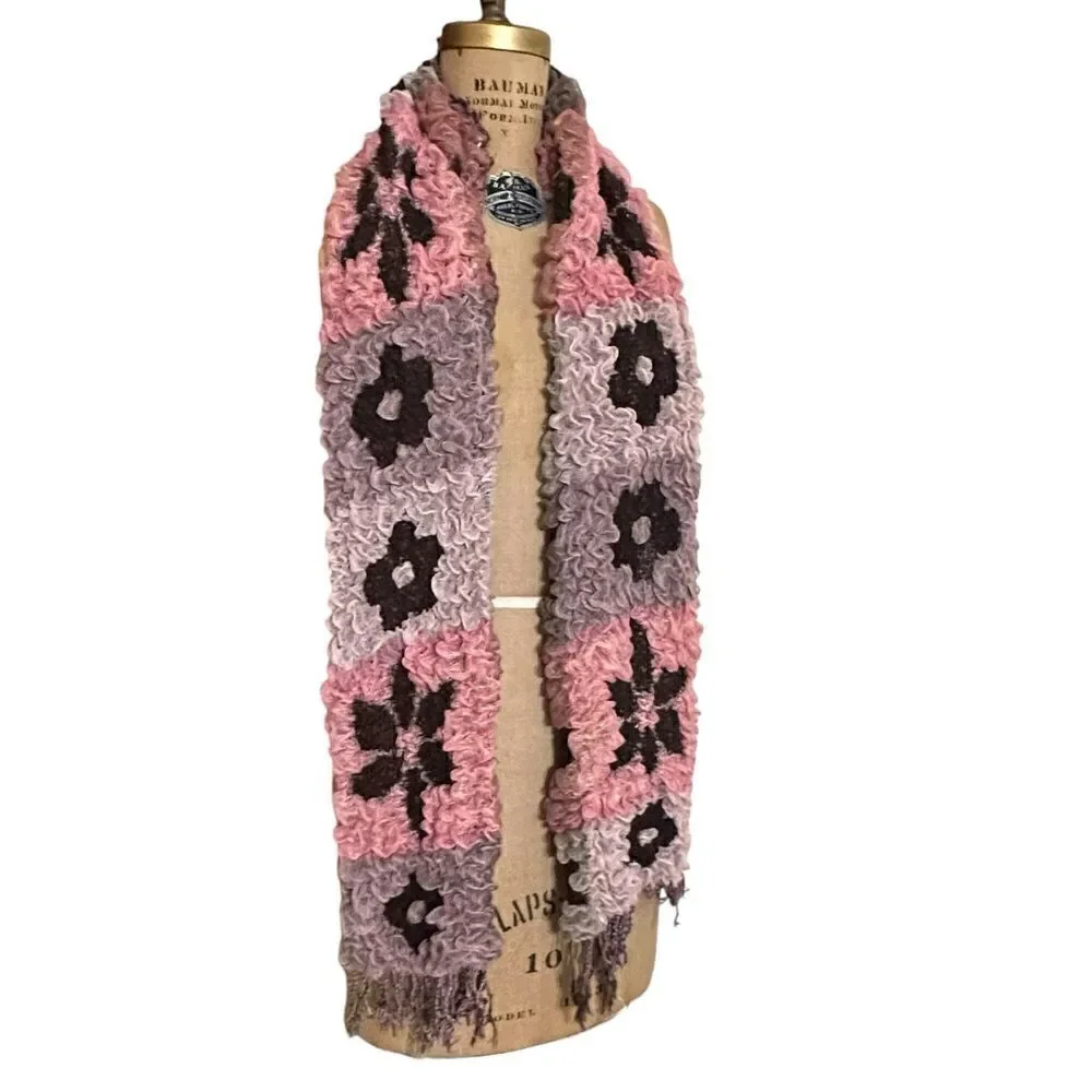 Pink and Brown floral reversible 3D ruffle scarf